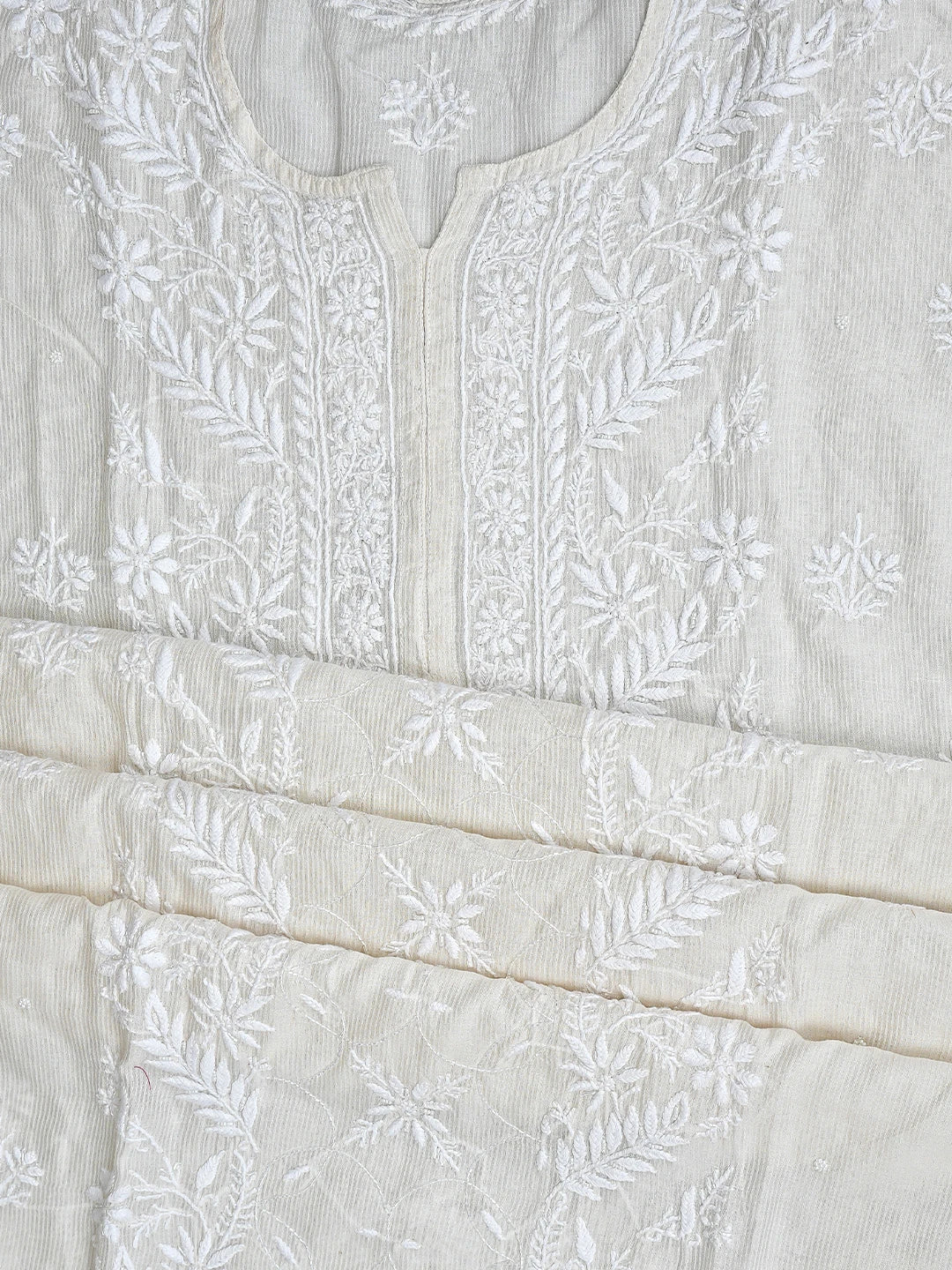 Ada Hand Embroidered White Chanderi Lucknowi Chikankari Unstitched Kurta Dupatta Set with Cutdana Work 01A894143