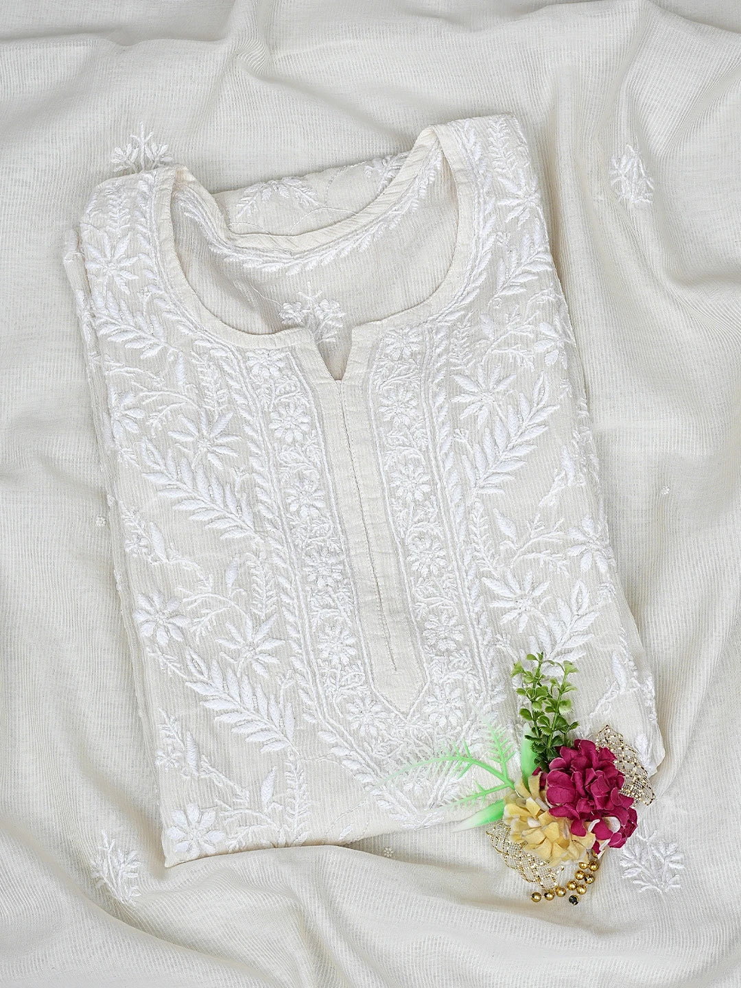 Ada Hand Embroidered White Chanderi Lucknowi Chikankari Unstitched Kurta Dupatta Set with Cutdana Work 01A894143