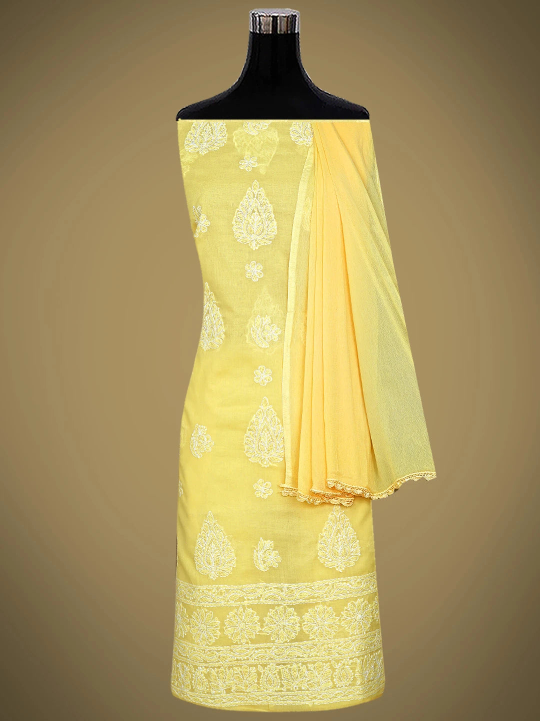 Ada Hand Embroidered Yellow Cotton Lucknowi Chikankari Unstitched Suit Piece with Chiffon Dupatta 01A853629