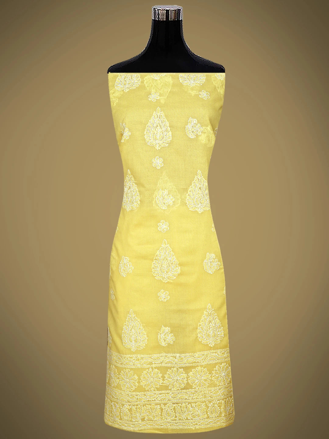 Ada Hand Embroidered Yellow Cotton Lucknowi Chikankari Unstitched Suit Piece with Chiffon Dupatta 01A853629