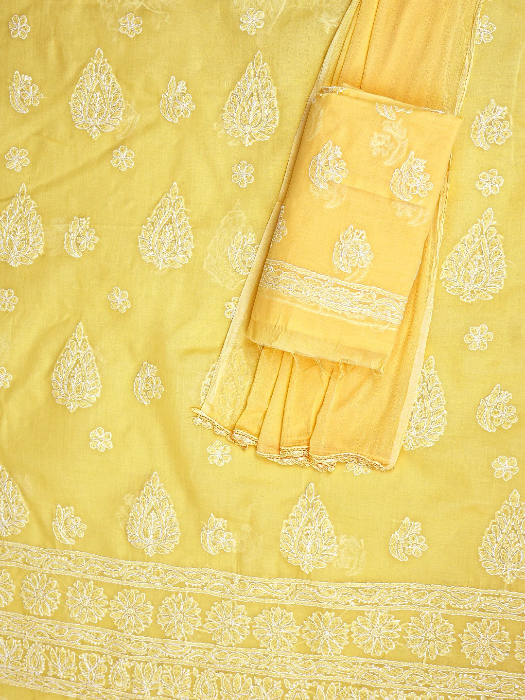 Ada Hand Embroidered Yellow Cotton Lucknowi Chikankari Unstitched Suit Piece with Chiffon Dupatta 01A853629