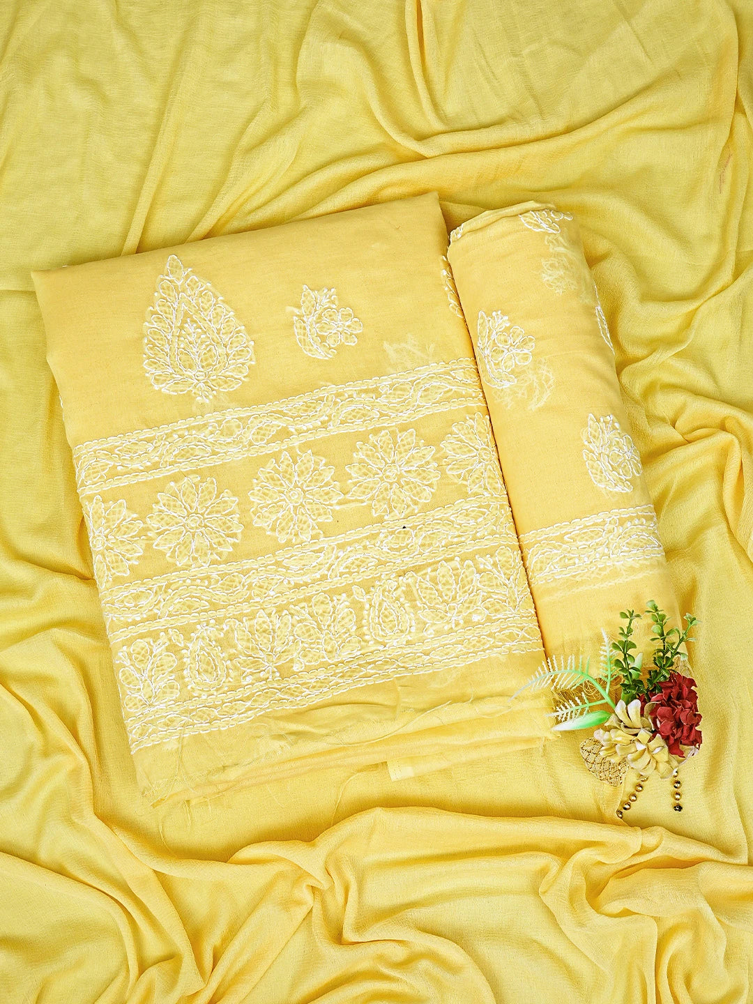 Ada Hand Embroidered Yellow Cotton Lucknowi Chikankari Unstitched Suit Piece with Chiffon Dupatta 01A853629