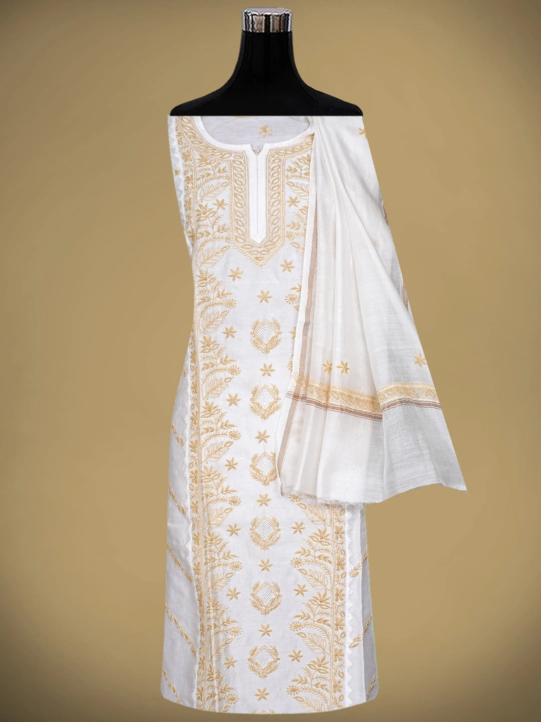 Ada Hand Embroidered White Chanderi Lucknowi Chikankari Unstitched Kurta Dupatta Set 01A896740