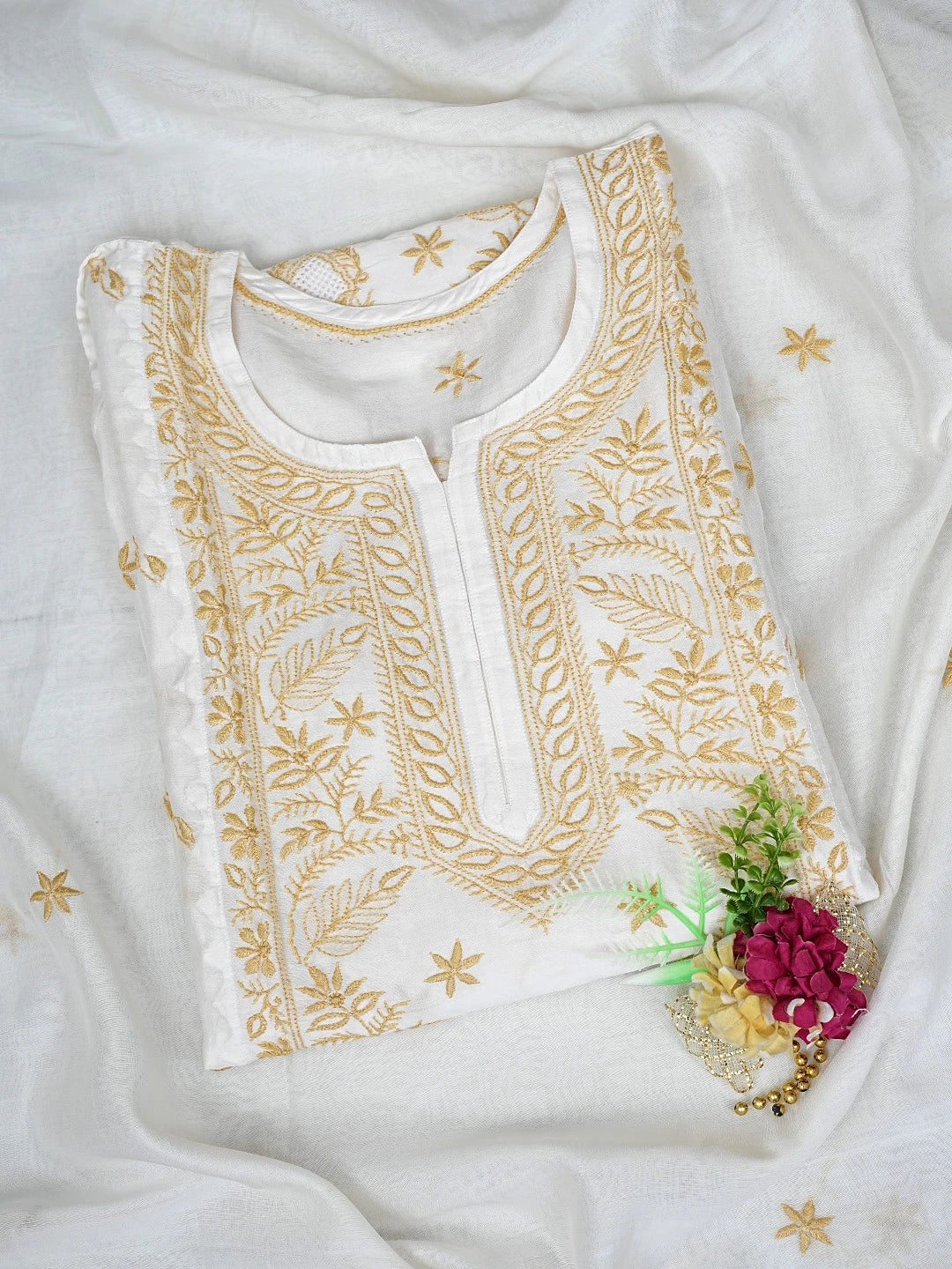 Ada Hand Embroidered White Chanderi Lucknowi Chikankari Unstitched Kurta Dupatta Set 01A896740