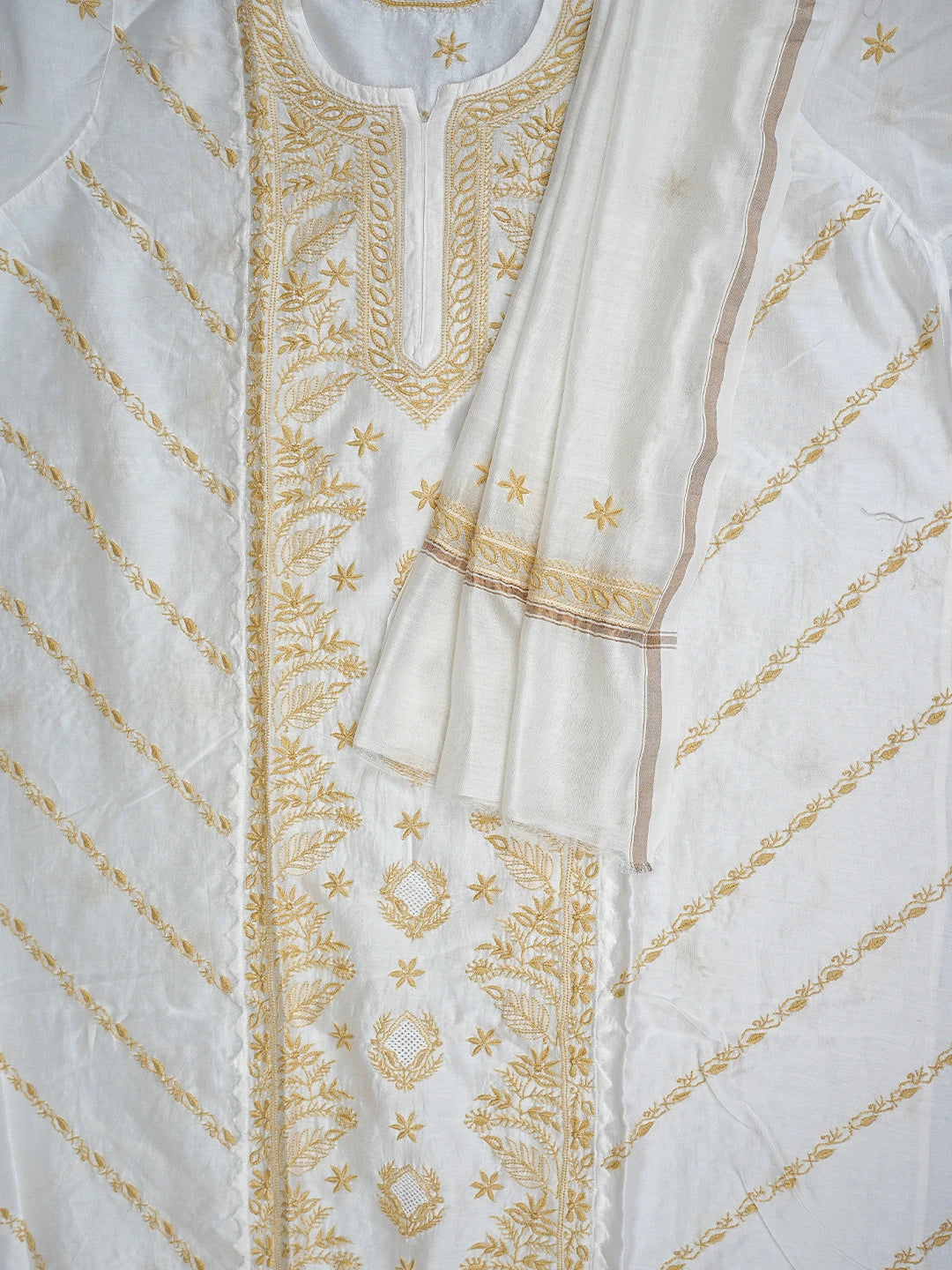 Ada Hand Embroidered White Chanderi Lucknowi Chikankari Unstitched Kurta Dupatta Set 01A896740
