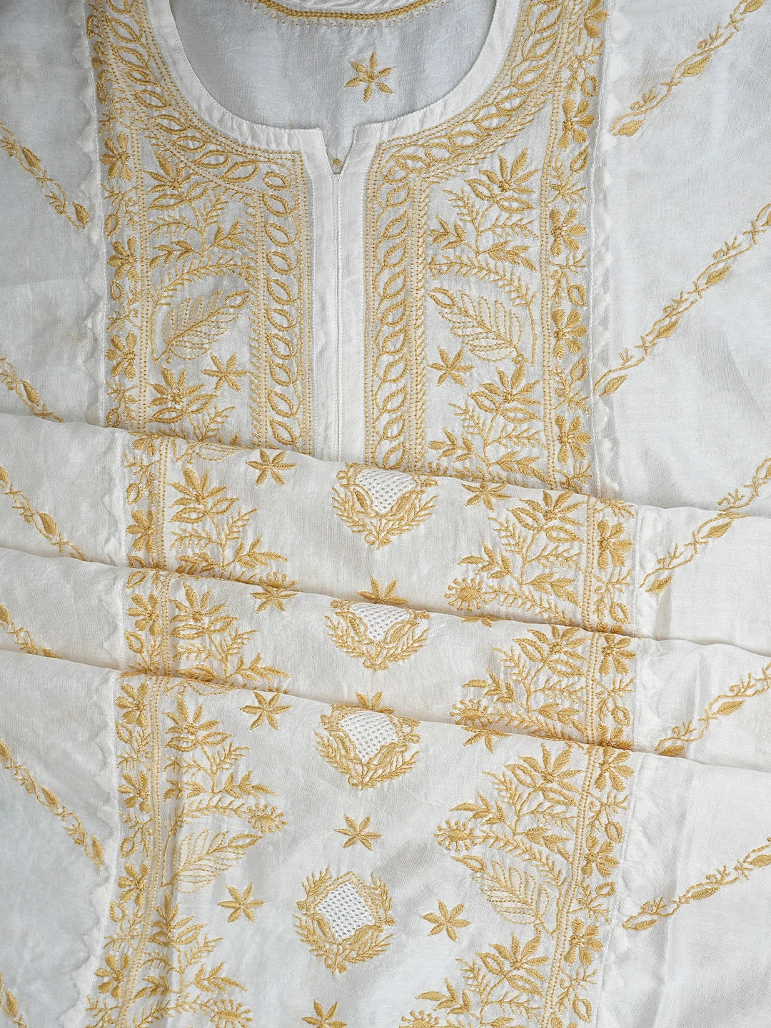 Ada Hand Embroidered White Chanderi Lucknowi Chikankari Unstitched Kurta Dupatta Set 01A896740