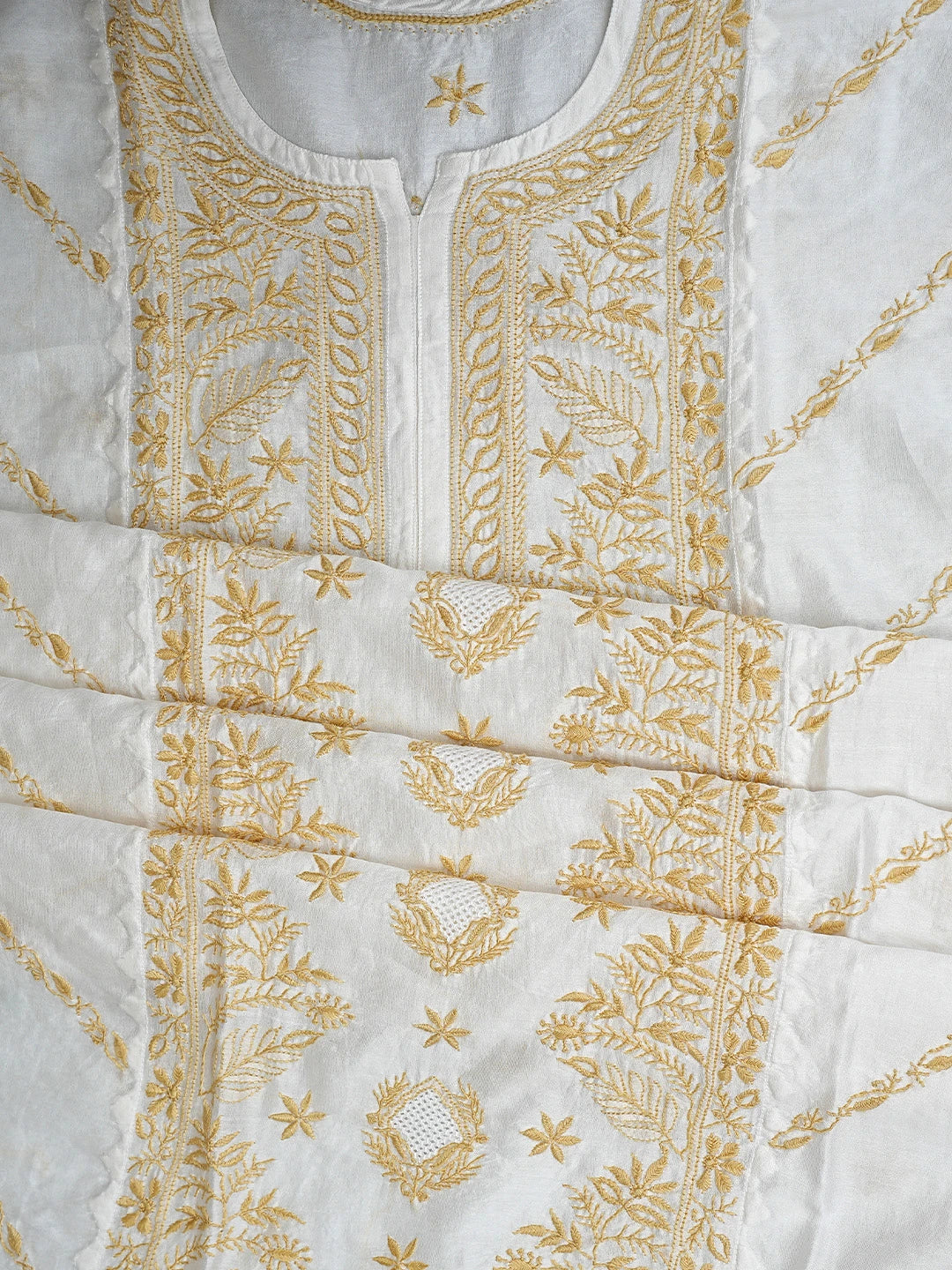 Ada Hand Embroidered White Chanderi Lucknowi Chikankari Unstitched Kurta Dupatta Set 01A896740