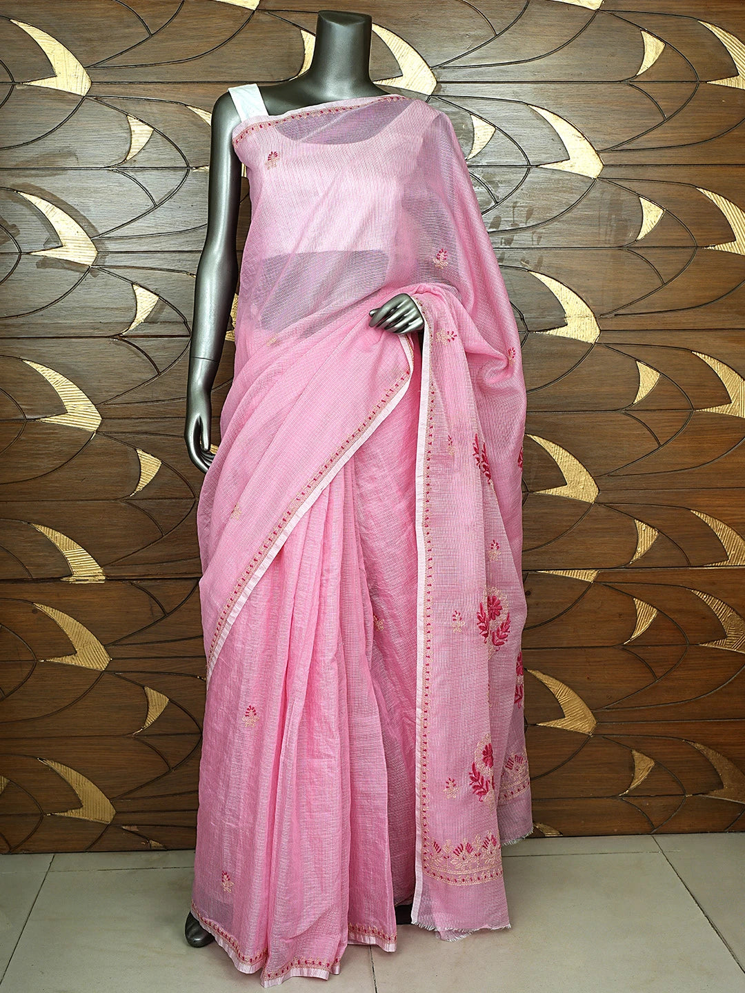 Ada Hand Embroidered Petal Pink Kota Chanderi Lucknowi Chikankari Saree and Blouse 01A900823