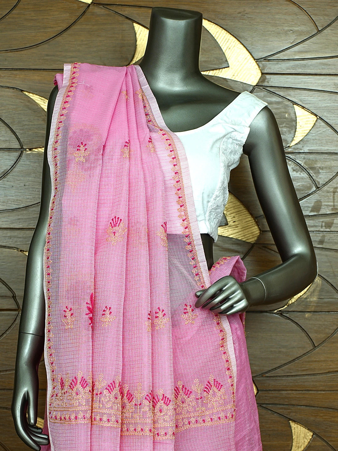 Ada Hand Embroidered Petal Pink Kota Chanderi Lucknowi Chikankari Saree and Blouse 01A900823