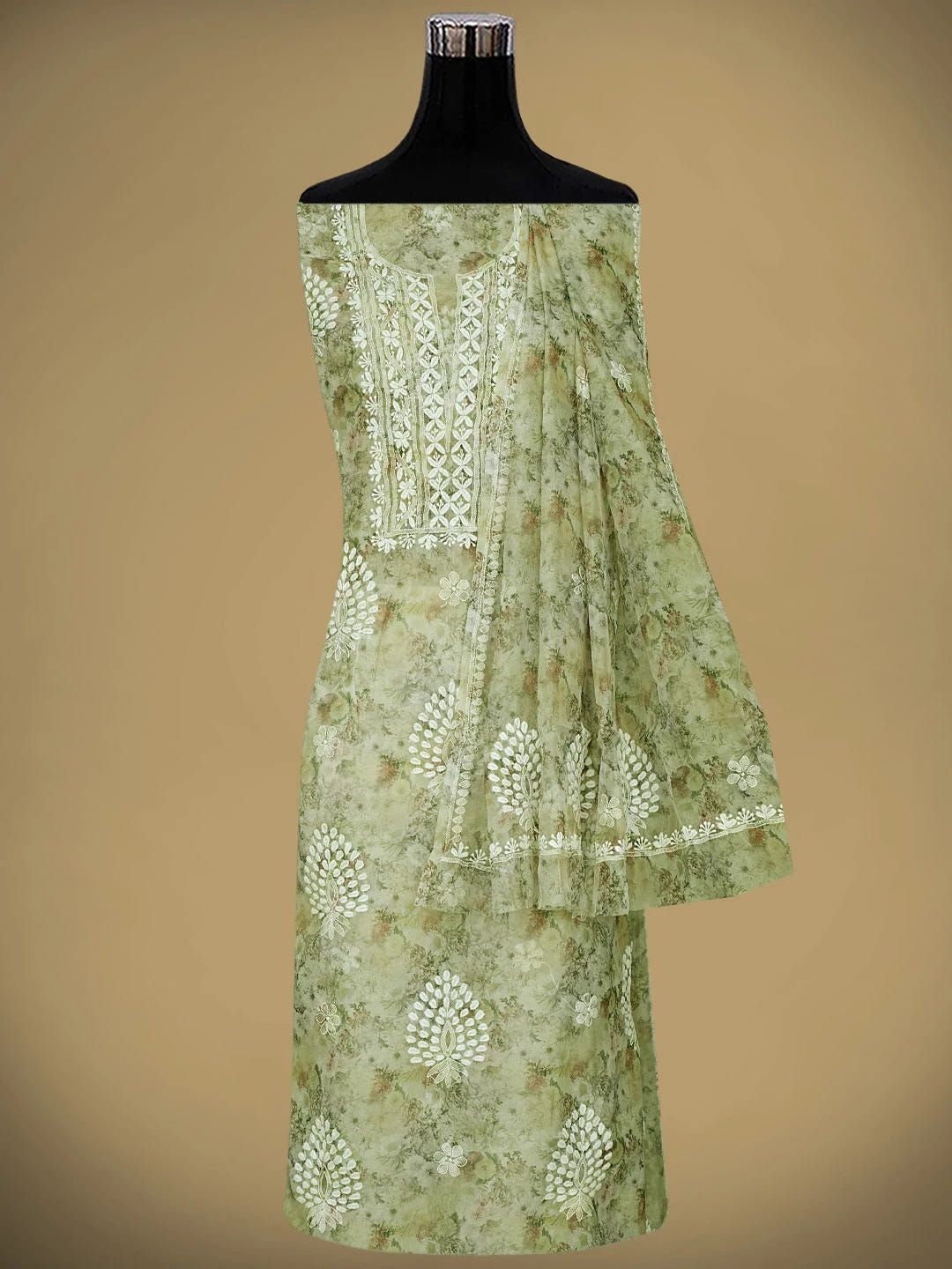 Ada Hand Embroidered Floral Printed Grey Organza Lucknowi Chikankari Unstitched Kurta Dupatta Set 01A876512