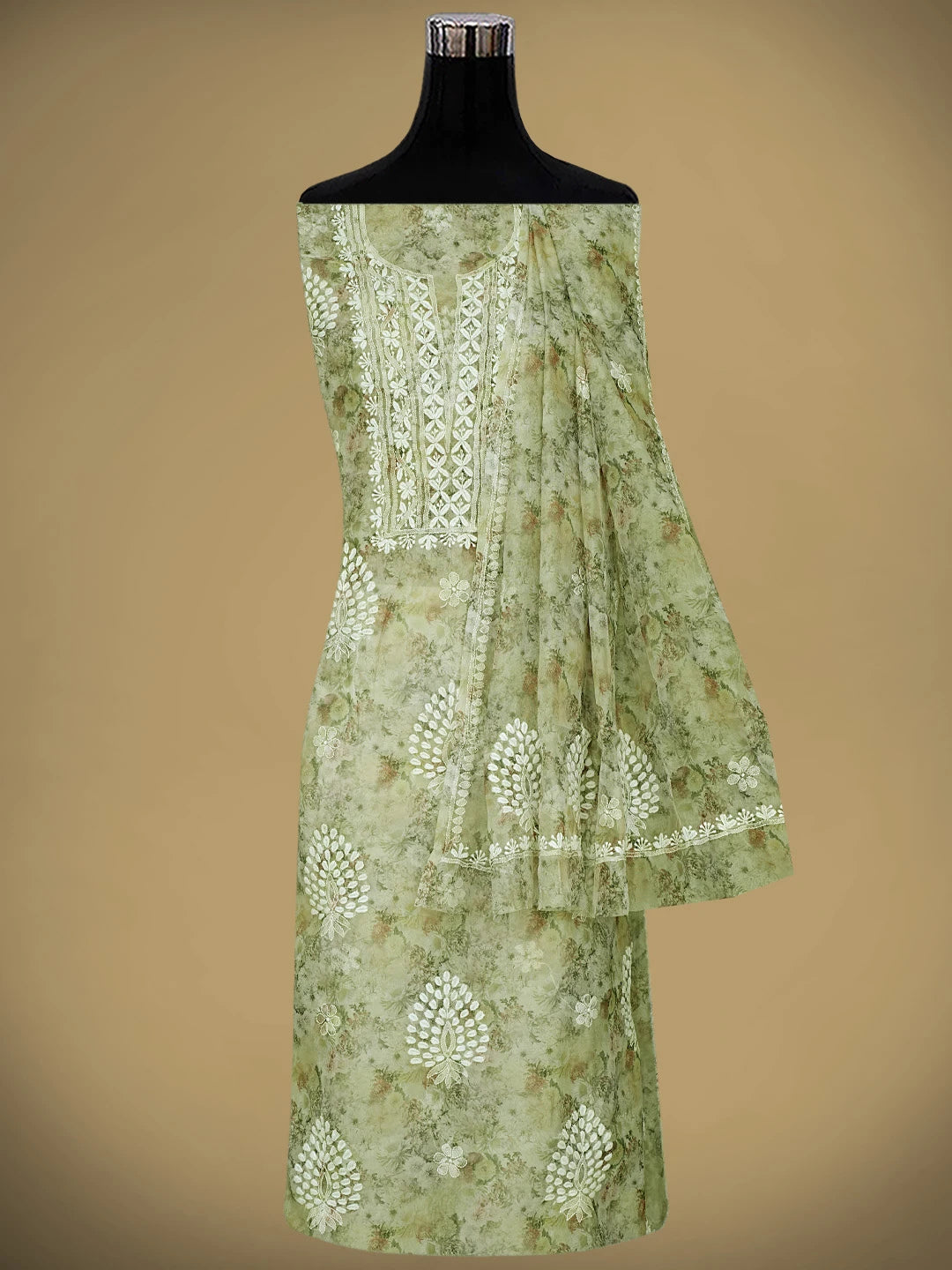 Ada Hand Embroidered Floral Printed Grey Organza Lucknowi Chikankari Unstitched Kurta Dupatta Set 01A876512