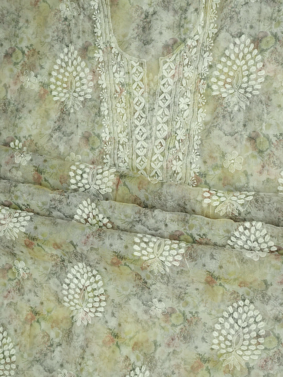 Ada Hand Embroidered Floral Printed Grey Organza Lucknowi Chikankari Unstitched Kurta Dupatta Set 01A876512