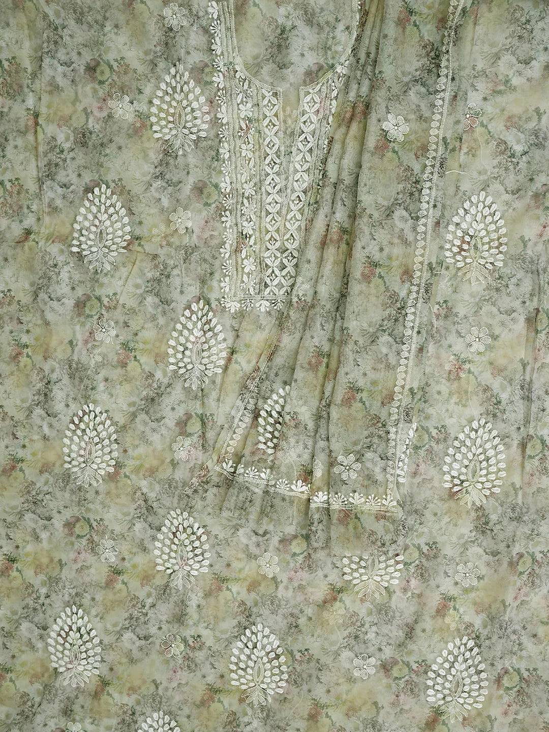 Ada Hand Embroidered Floral Printed Grey Organza Lucknowi Chikankari Unstitched Kurta Dupatta Set 01A876512