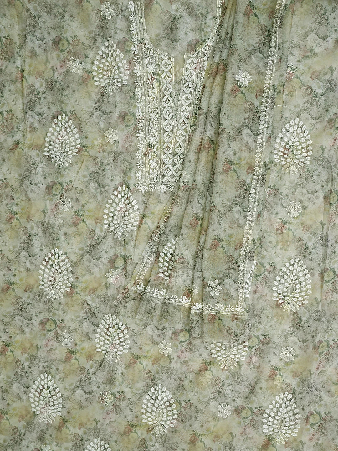 Ada Hand Embroidered Floral Printed Grey Organza Lucknowi Chikankari Unstitched Kurta Dupatta Set 01A876512