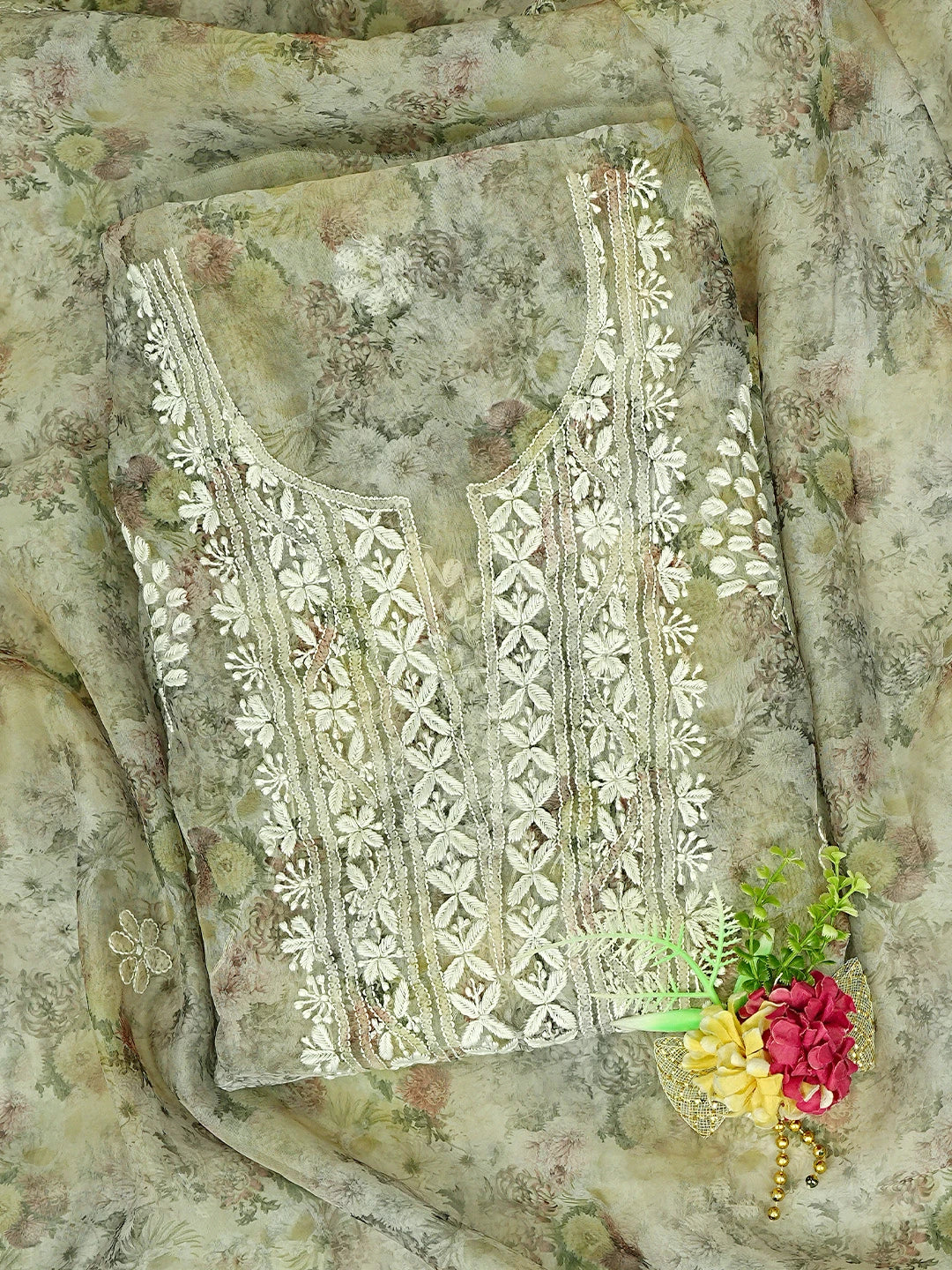 Ada Hand Embroidered Floral Printed Grey Organza Lucknowi Chikankari Unstitched Kurta Dupatta Set 01A876512