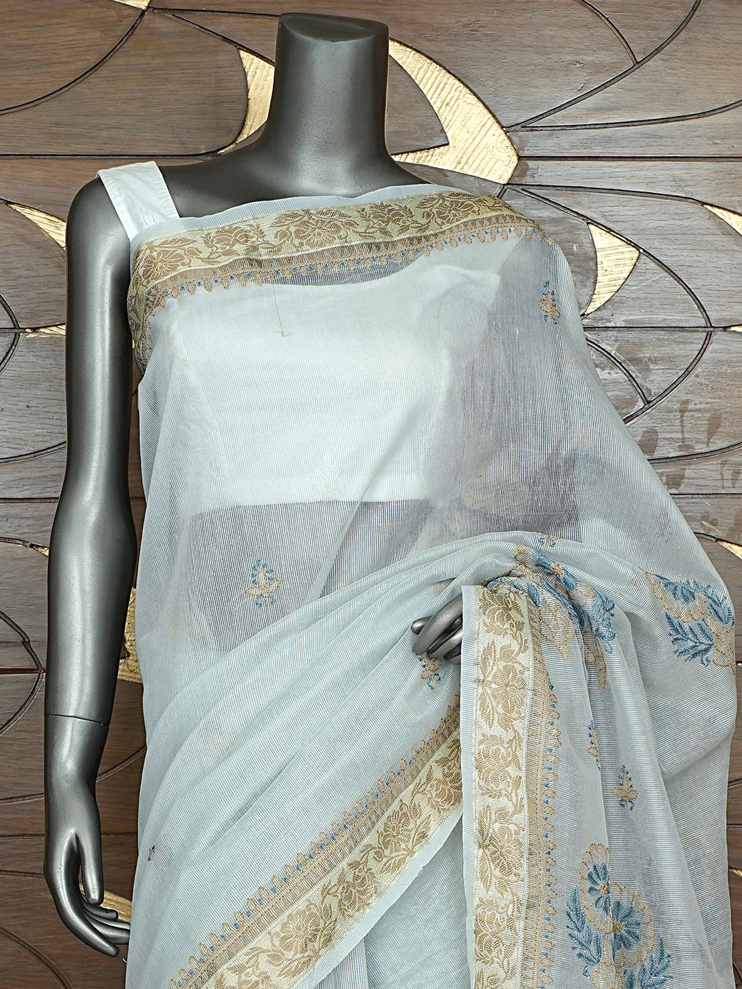 Ada Hand Embroidered Ash Grey Kota Chanderi Lucknowi Chikankari Saree and Blouse 01A900844