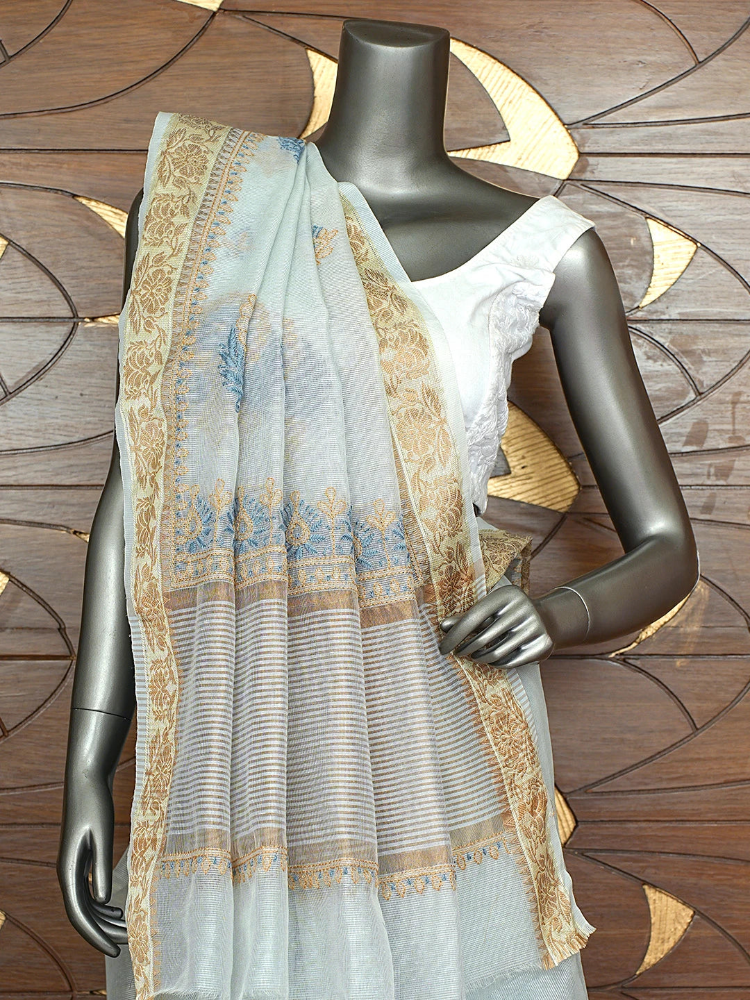 Ada Hand Embroidered Ash Grey Kota Chanderi Lucknowi Chikankari Saree and Blouse 01A900844