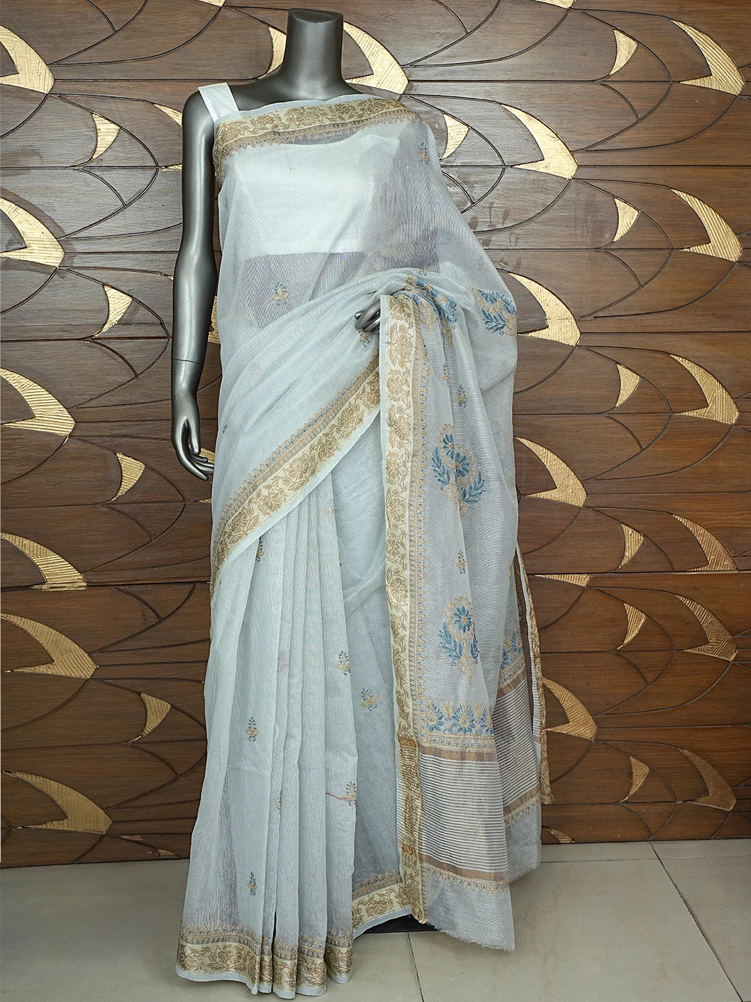 Ada Hand Embroidered Ash Grey Kota Chanderi Lucknowi Chikankari Saree and Blouse 01A900844