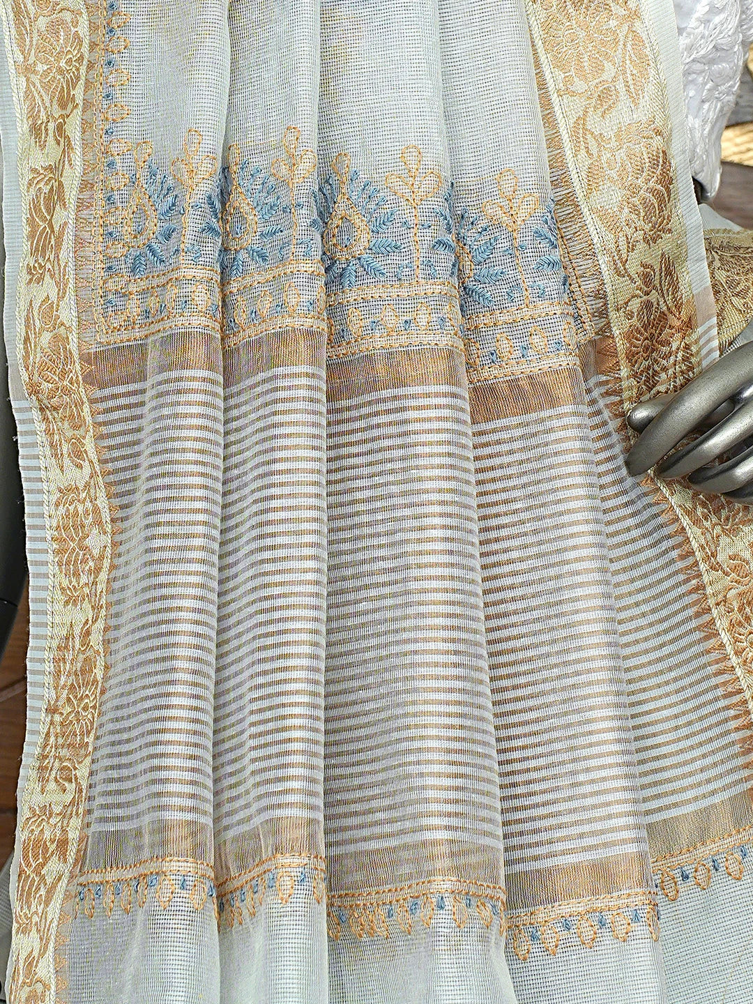 Ada Hand Embroidered Ash Grey Kota Chanderi Lucknowi Chikankari Saree and Blouse 01A900844