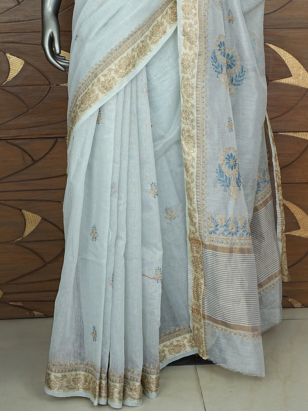 Ada Hand Embroidered Ash Grey Kota Chanderi Lucknowi Chikankari Saree and Blouse 01A900844