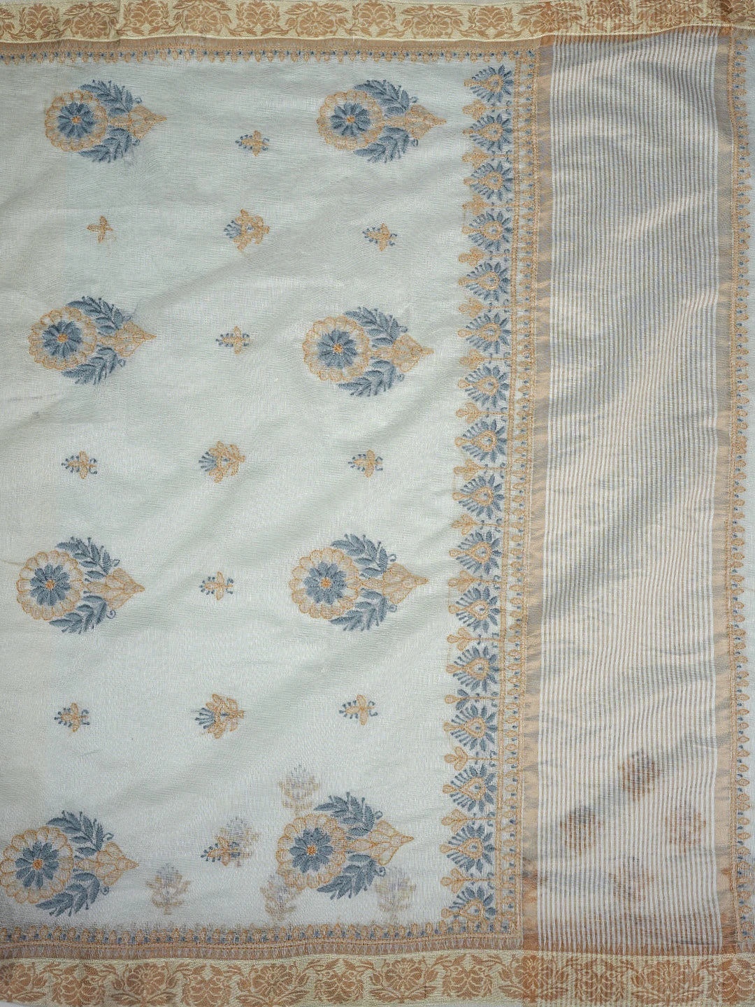 Ada Hand Embroidered Ash Grey Kota Chanderi Lucknowi Chikankari Saree and Blouse 01A900844