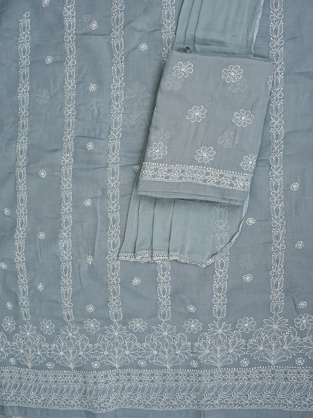 Ada Hand Embroidered Grey Cotton Lucknowi Chikankari Unstitched Suit Piece with Chiffon Dupatta 01A881431