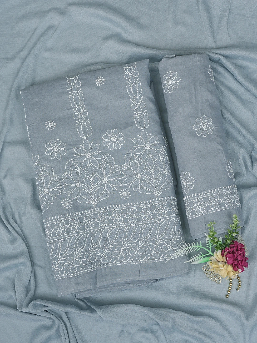 Ada Hand Embroidered Grey Cotton Lucknowi Chikankari Unstitched Suit Piece with Chiffon Dupatta 01A881431