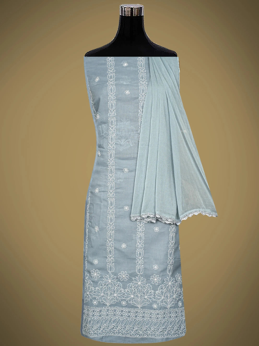 Ada Hand Embroidered Grey Cotton Lucknowi Chikankari Unstitched Suit Piece with Chiffon Dupatta 01A881431
