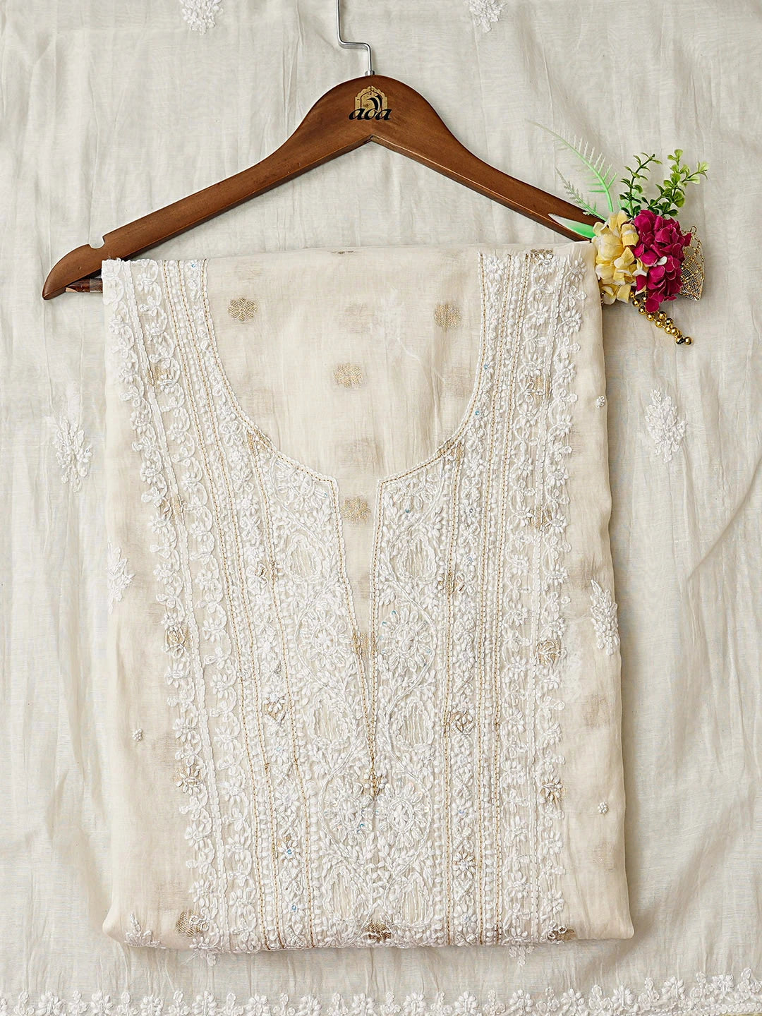 Ada Hand Embroidered White Chanderi Lucknowi Chikankari Unstitched Kurta Dupatta Set With Cutdana Work 01A888810