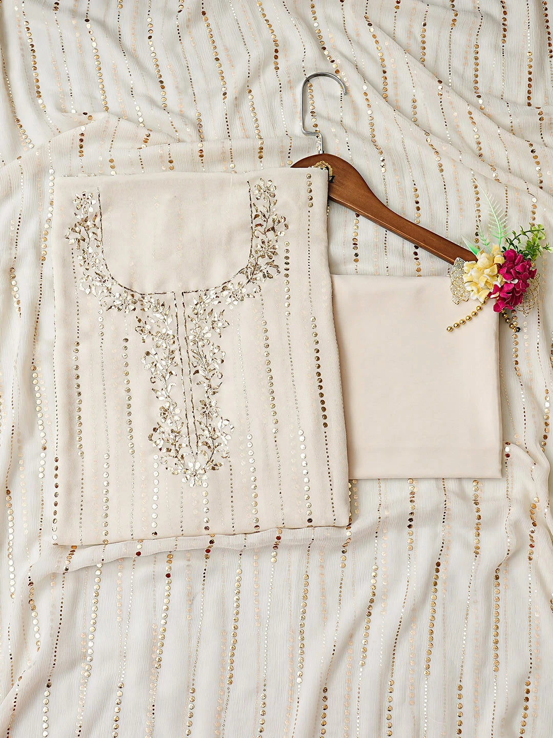 Ada Hand Embroidered Off White Pure Georgette Lucknowi Chikankari Unstitched Suit Piece With Muqaish Work A507974