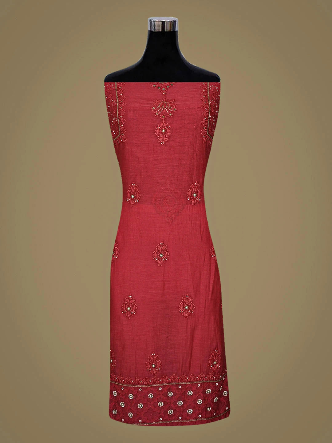 Ada Hand Embroidered Red Chanderi Lucknowi Chikankari Unstitched Kurta Dupatta Set With Sequinned Work 01A525841