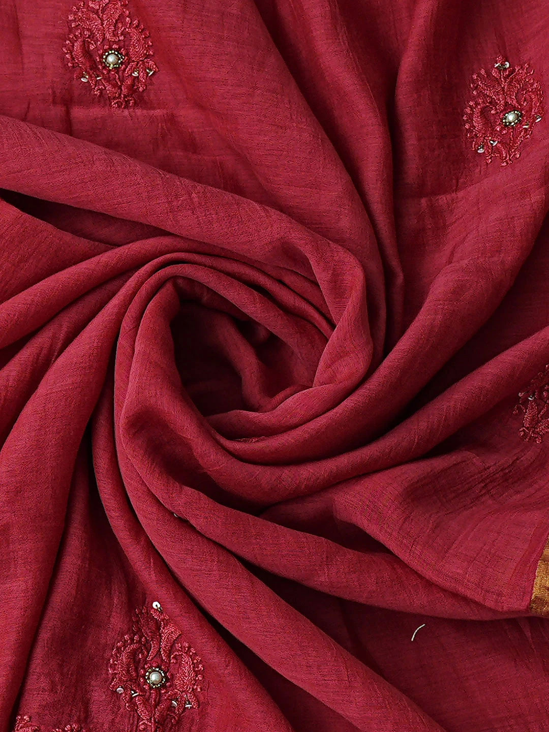 Ada Hand Embroidered Red Chanderi Lucknowi Chikankari Unstitched Kurta Dupatta Set With Sequinned Work 01A525841