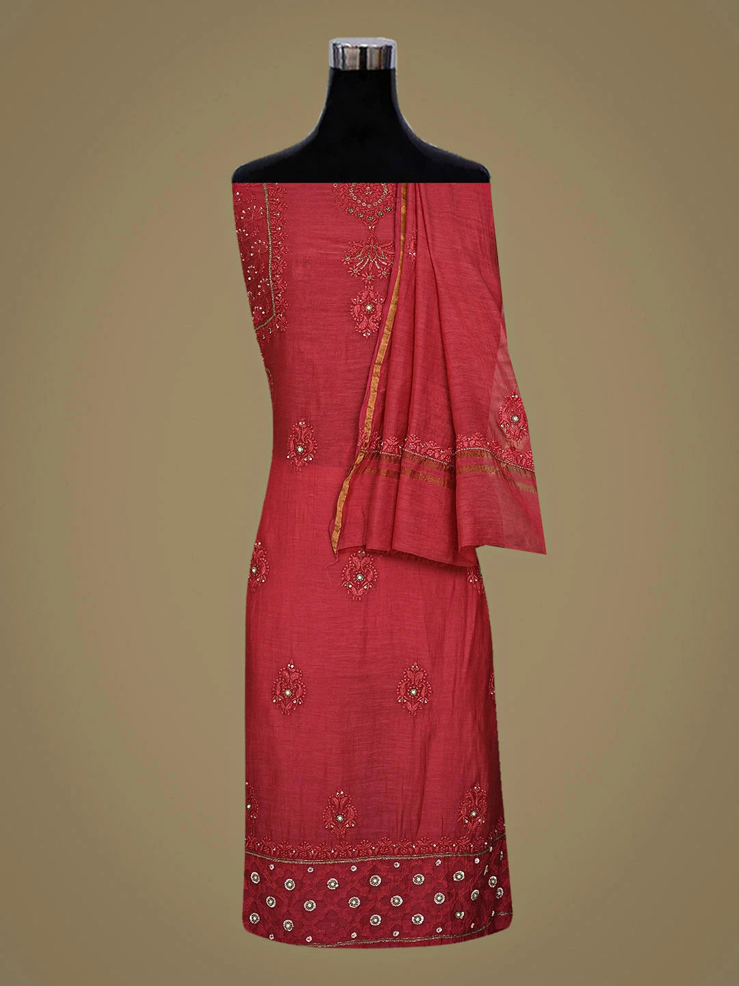 Ada Hand Embroidered Red Chanderi Lucknowi Chikankari Unstitched Kurta Dupatta Set With Sequinned Work 01A525841