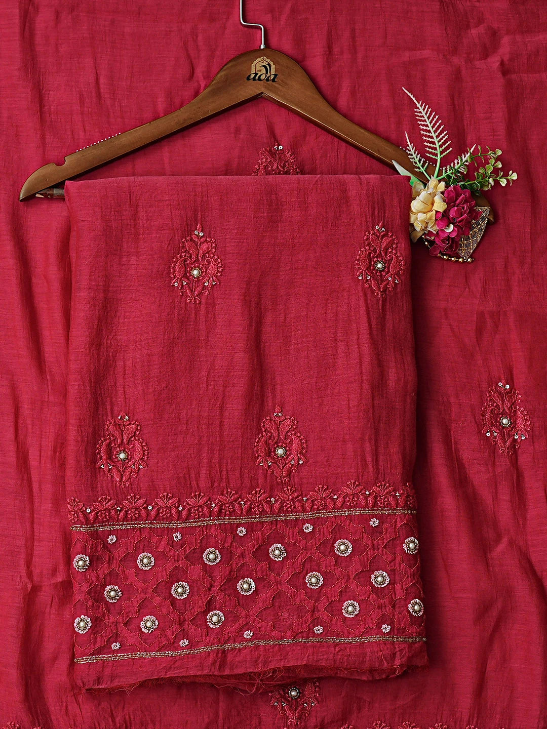Ada Hand Embroidered Red Chanderi Lucknowi Chikankari Unstitched Kurta Dupatta Set With Sequinned Work 01A525841