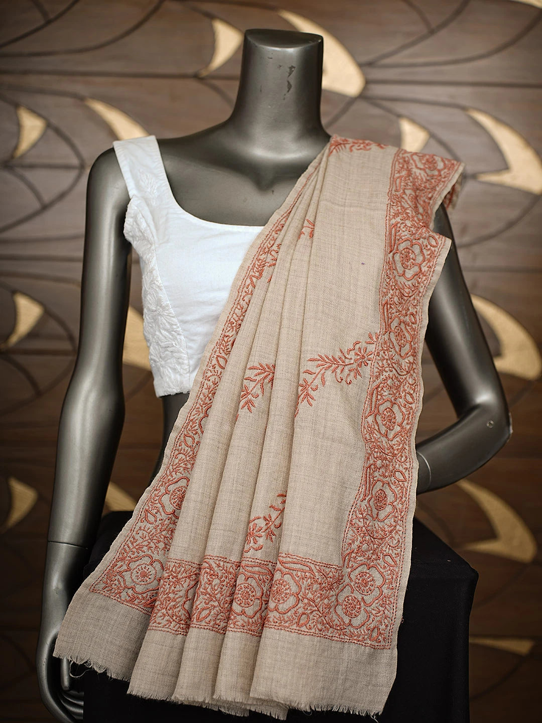 Ada Hand Embroidered Sand Brown Pashmina Lucknowi Chikankari Shawl 01A882012