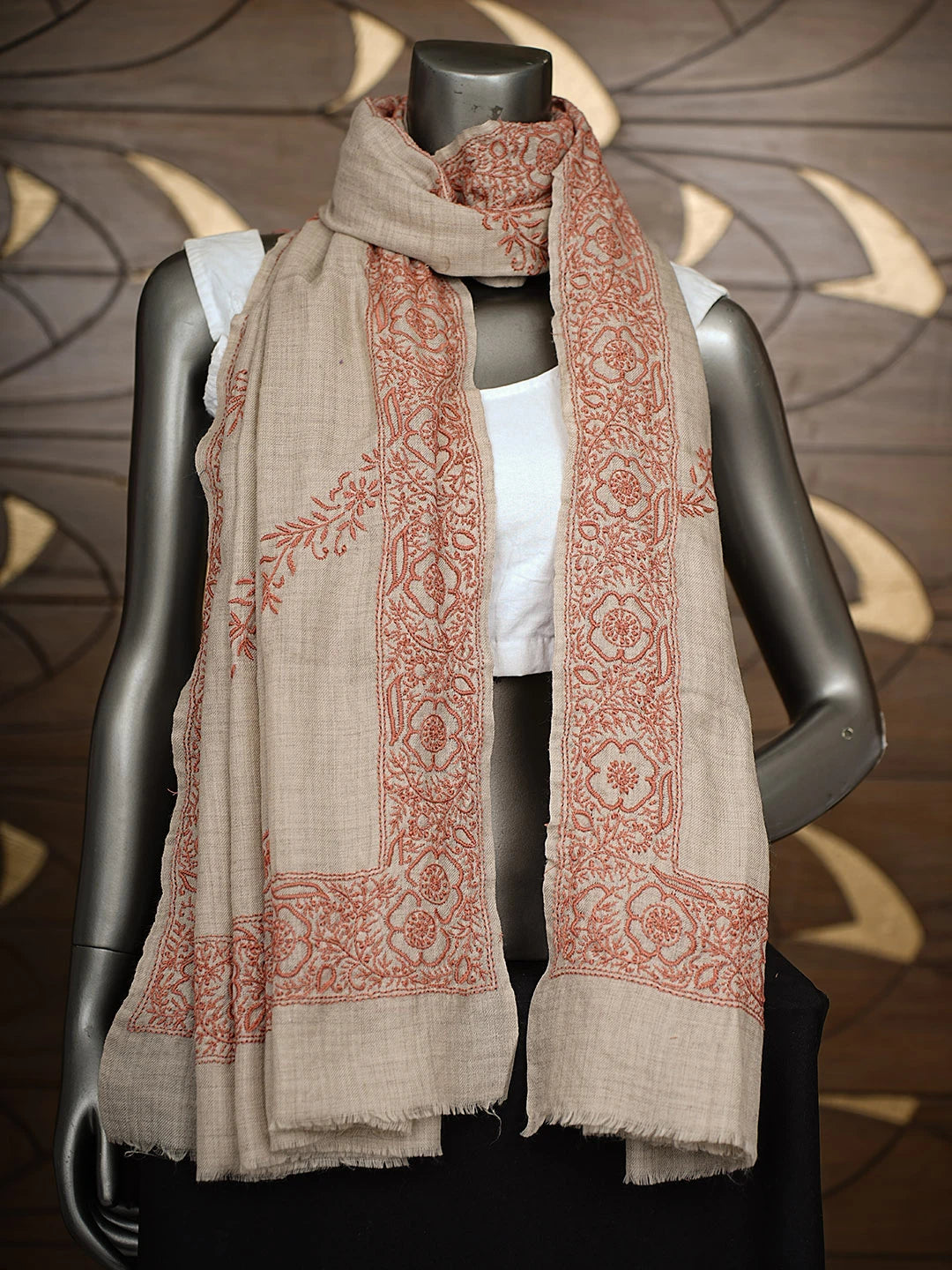 Ada Hand Embroidered Sand Brown Pashmina Lucknowi Chikankari Shawl 01A882012