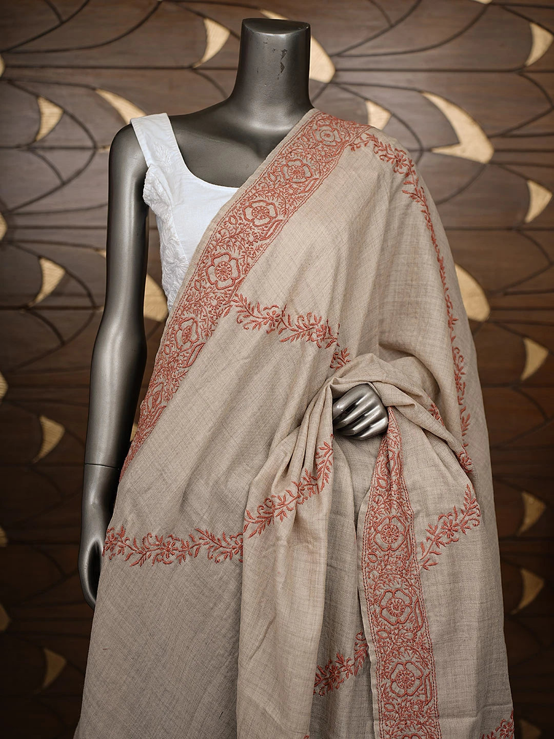 Ada Hand Embroidered Sand Brown Pashmina Lucknowi Chikankari Shawl 01A882012