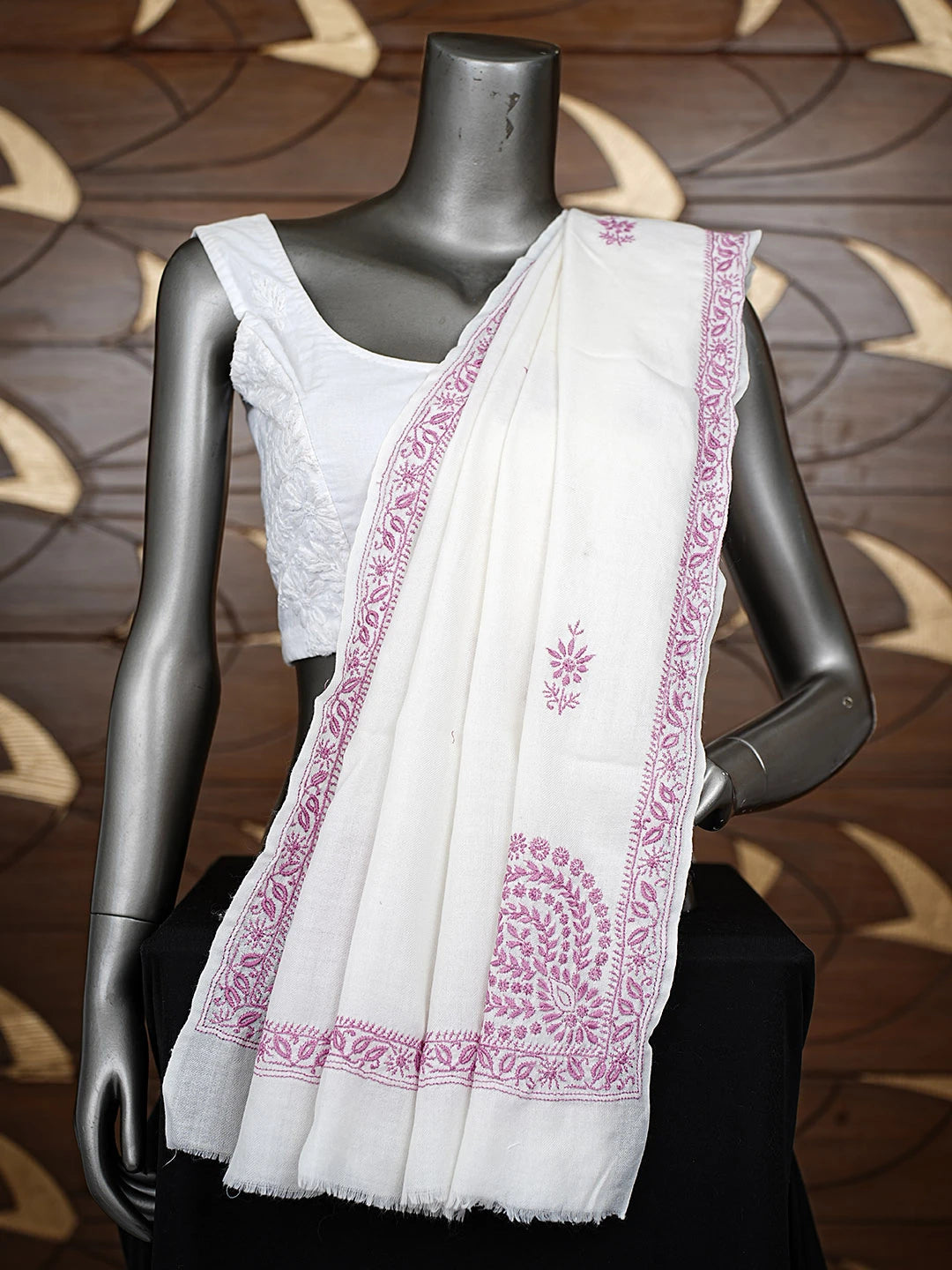 Ada Hand Embroidered White Pashmina Lucknowi Chikankari Shawl 01A897275
