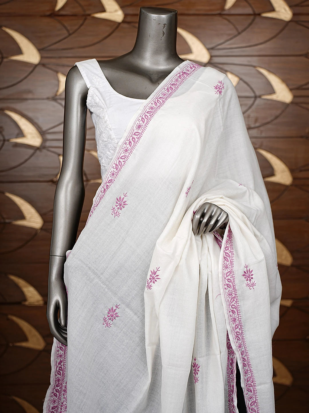 Ada Hand Embroidered White Pashmina Lucknowi Chikankari Shawl 01A897275