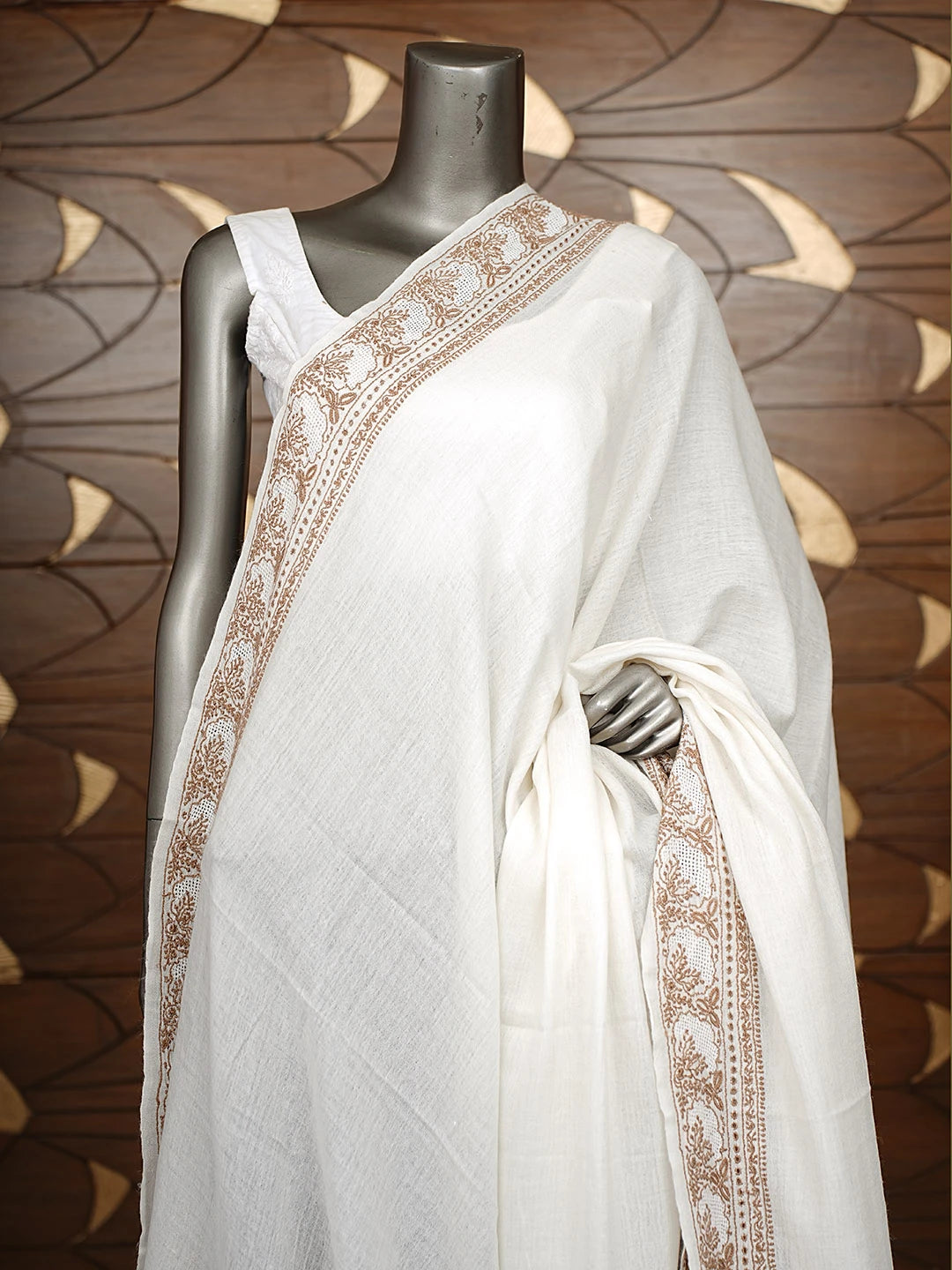 Ada Hand Embroidered White Woolen Lucknowi Chikankari Teen Taar Shawl 220113044