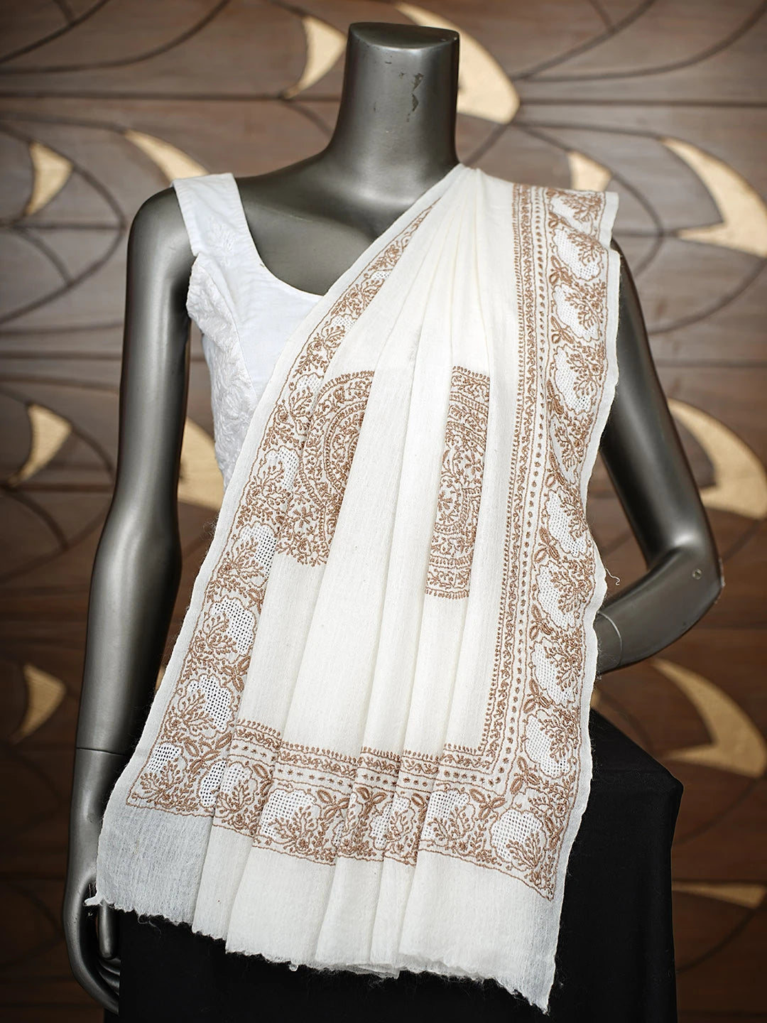 Ada Hand Embroidered White Woolen Lucknowi Chikankari Teen Taar Shawl 220113044