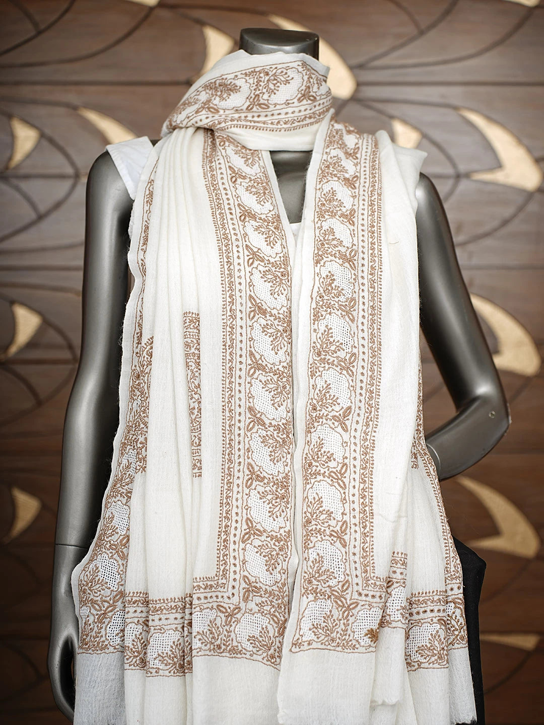 Ada Hand Embroidered White Woolen Lucknowi Chikankari Teen Taar Shawl 220113044