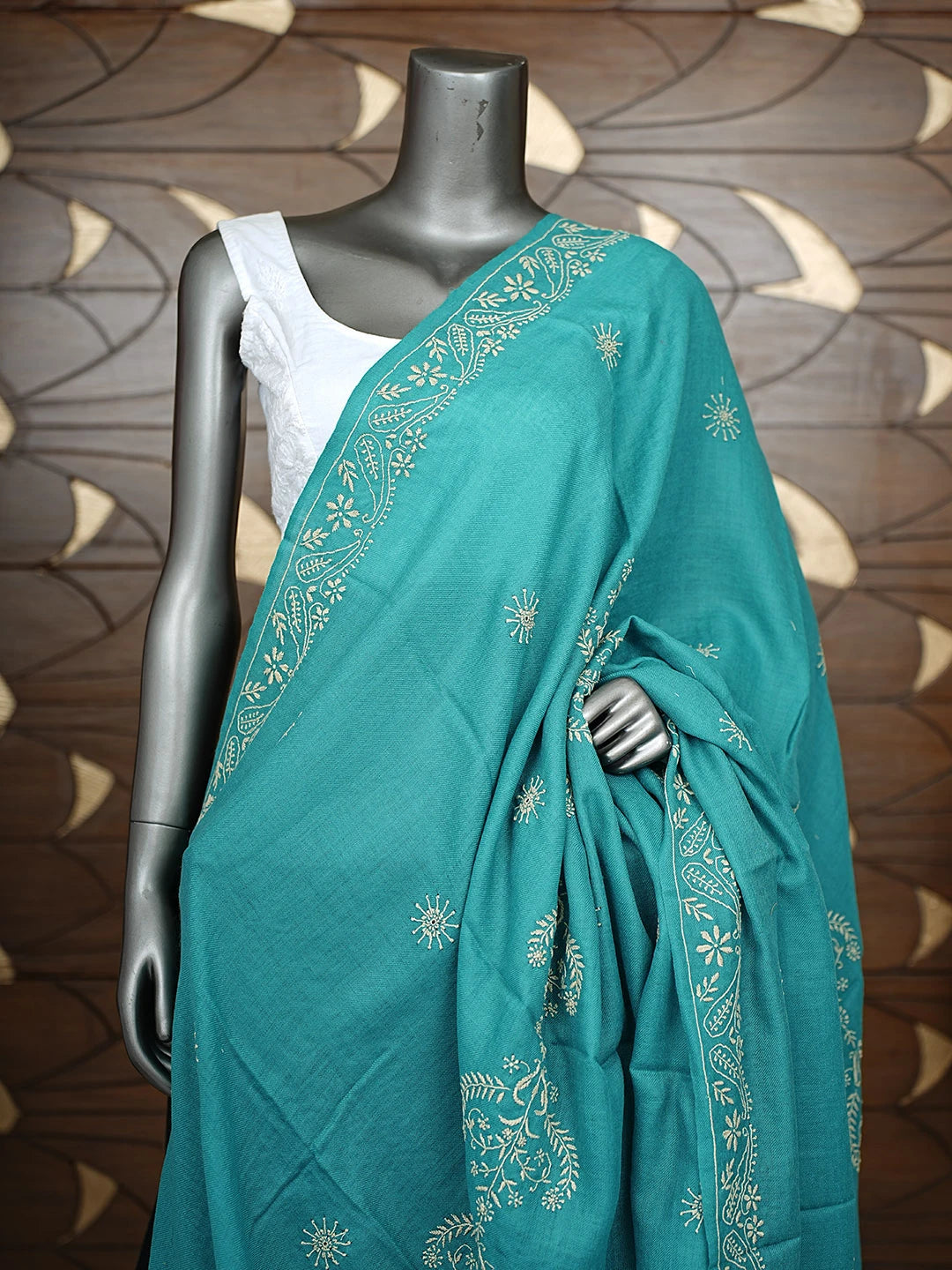 Ada Hand Embroidered Rama Green Pashmina Lucknowi Chikankari Teen Taar Shawl 01A715871