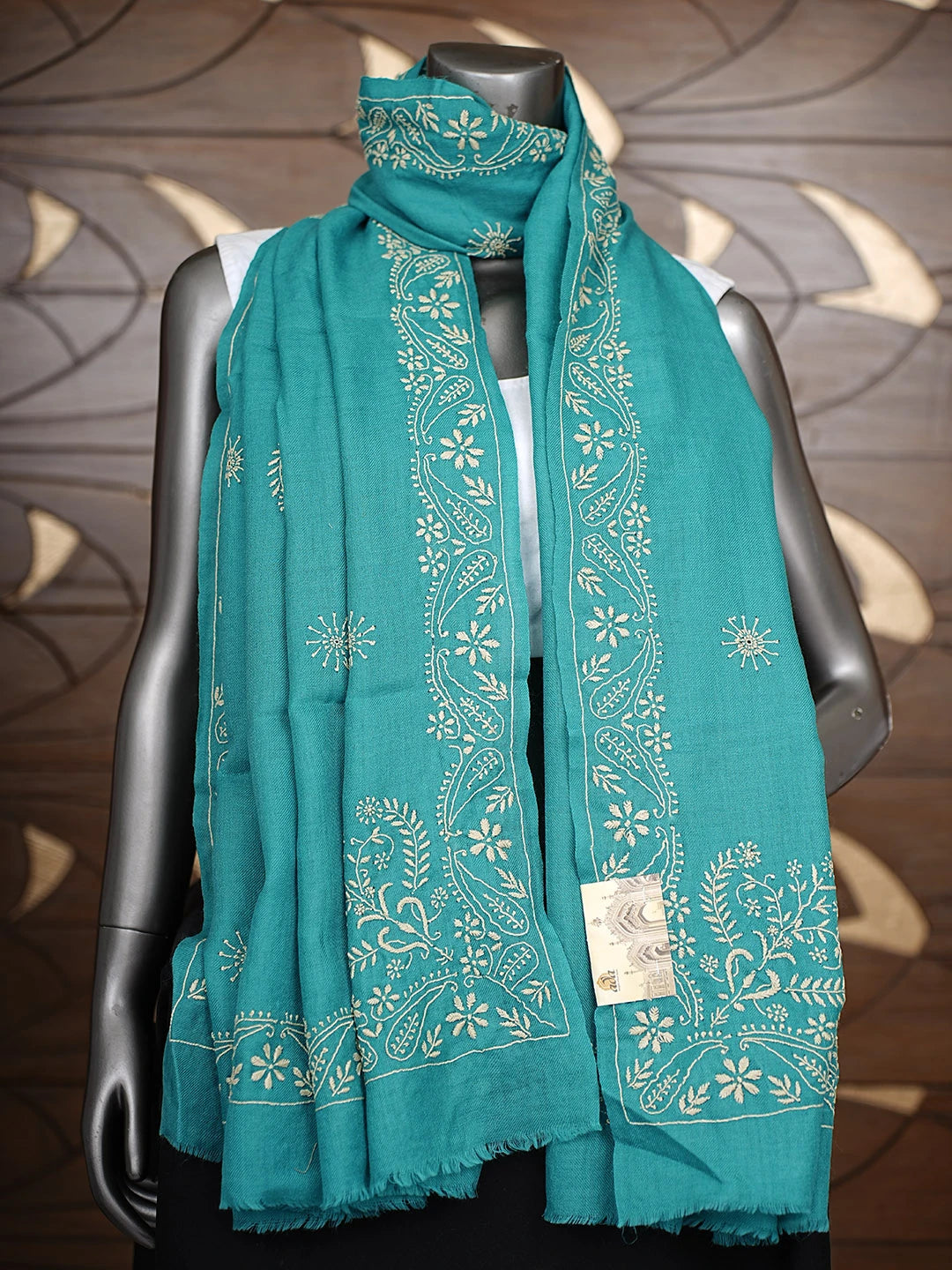 Ada Hand Embroidered Rama Green Pashmina Lucknowi Chikankari Teen Taar Shawl 01A715871