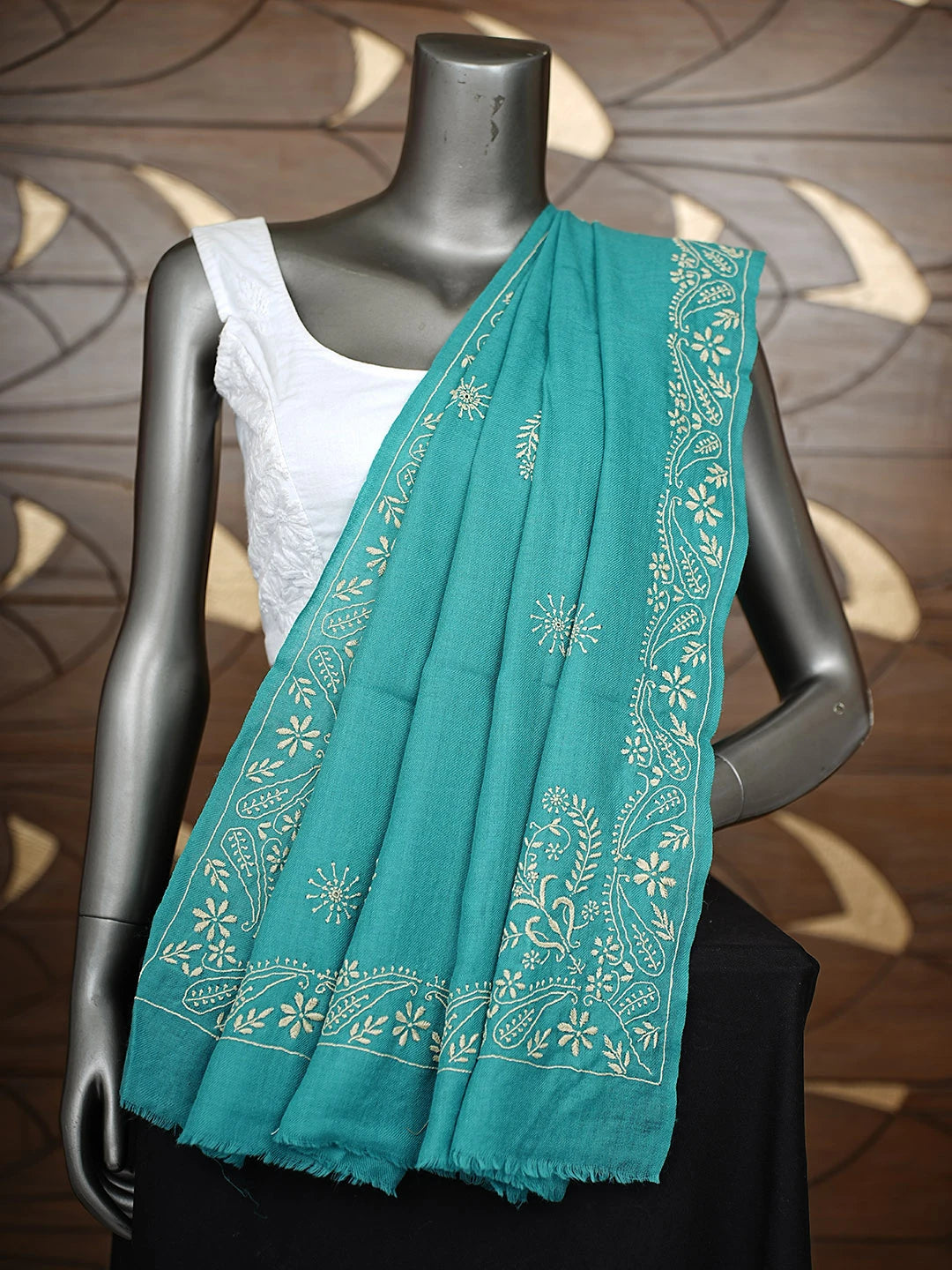 Ada Hand Embroidered Rama Green Pashmina Lucknowi Chikankari Teen Taar Shawl 01A715871