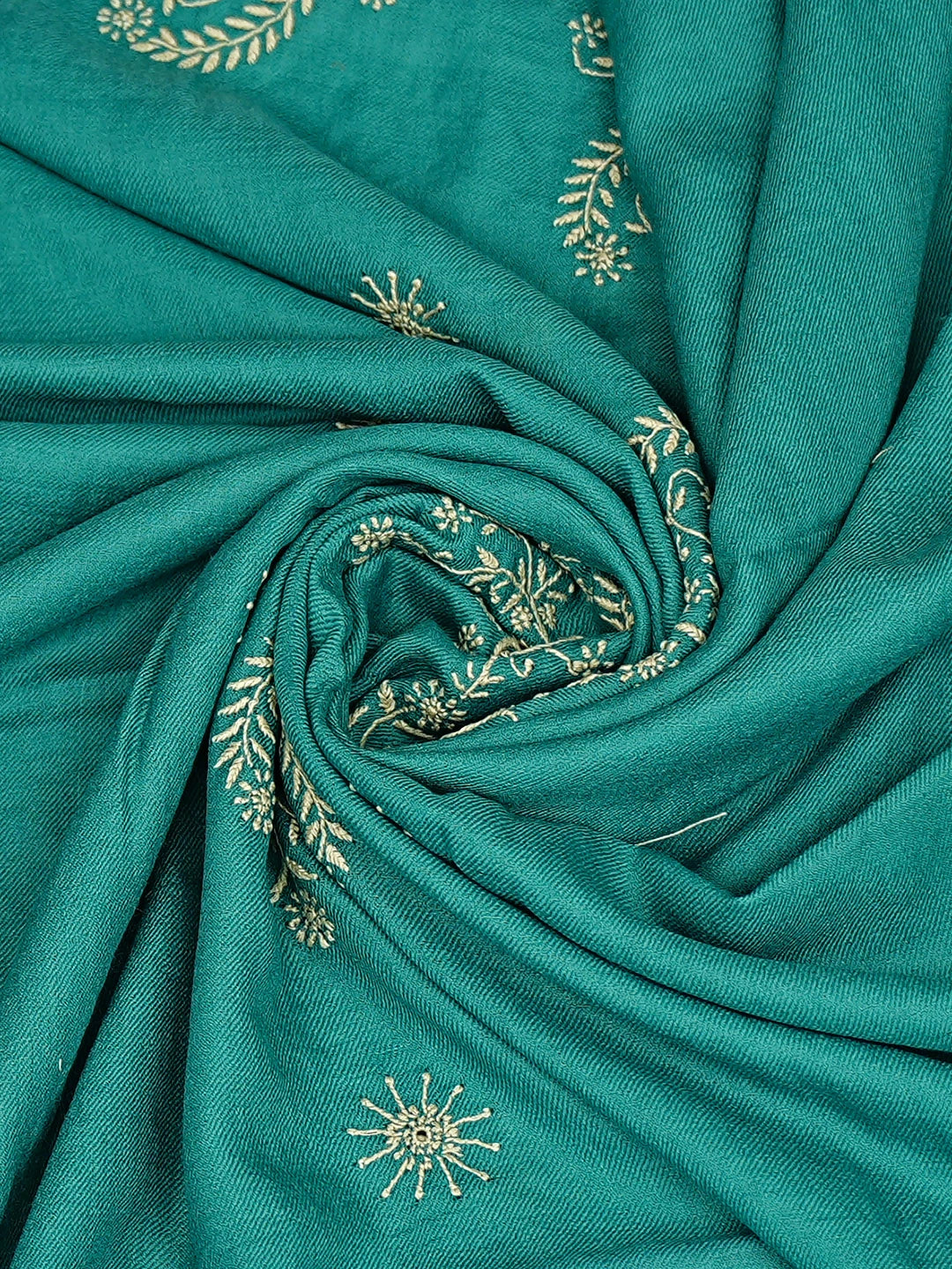 Ada Hand Embroidered Rama Green Pashmina Lucknowi Chikankari Teen Taar Shawl 01A715871