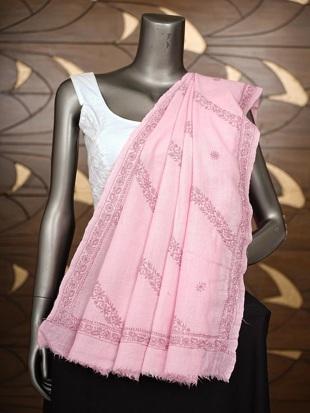 Ada Hand Embroidered Pink Woolen Lucknowi Chikankari Shawl 244134