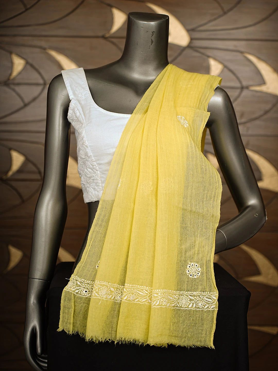 Ada Hand Embroidered Yellow Woolen Lucknowi Chikankari Stole 220114750