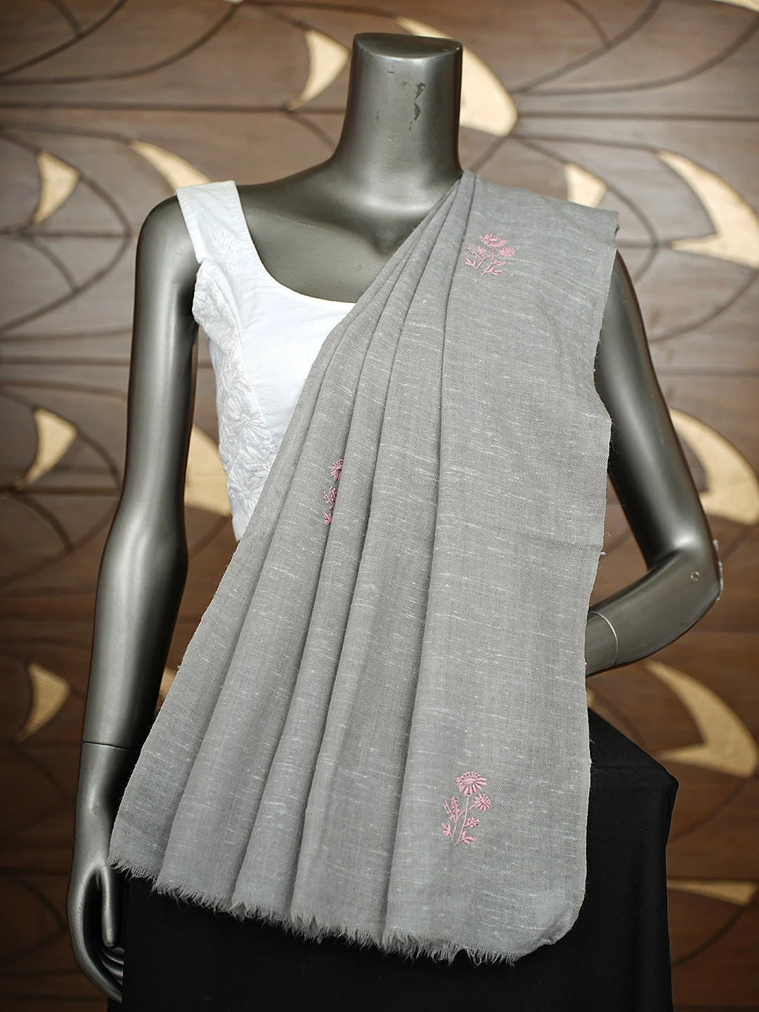 Ada Hand Embroidered Grey Woolen Lucknowi Chikankari Teen Taar Shawl 220114640