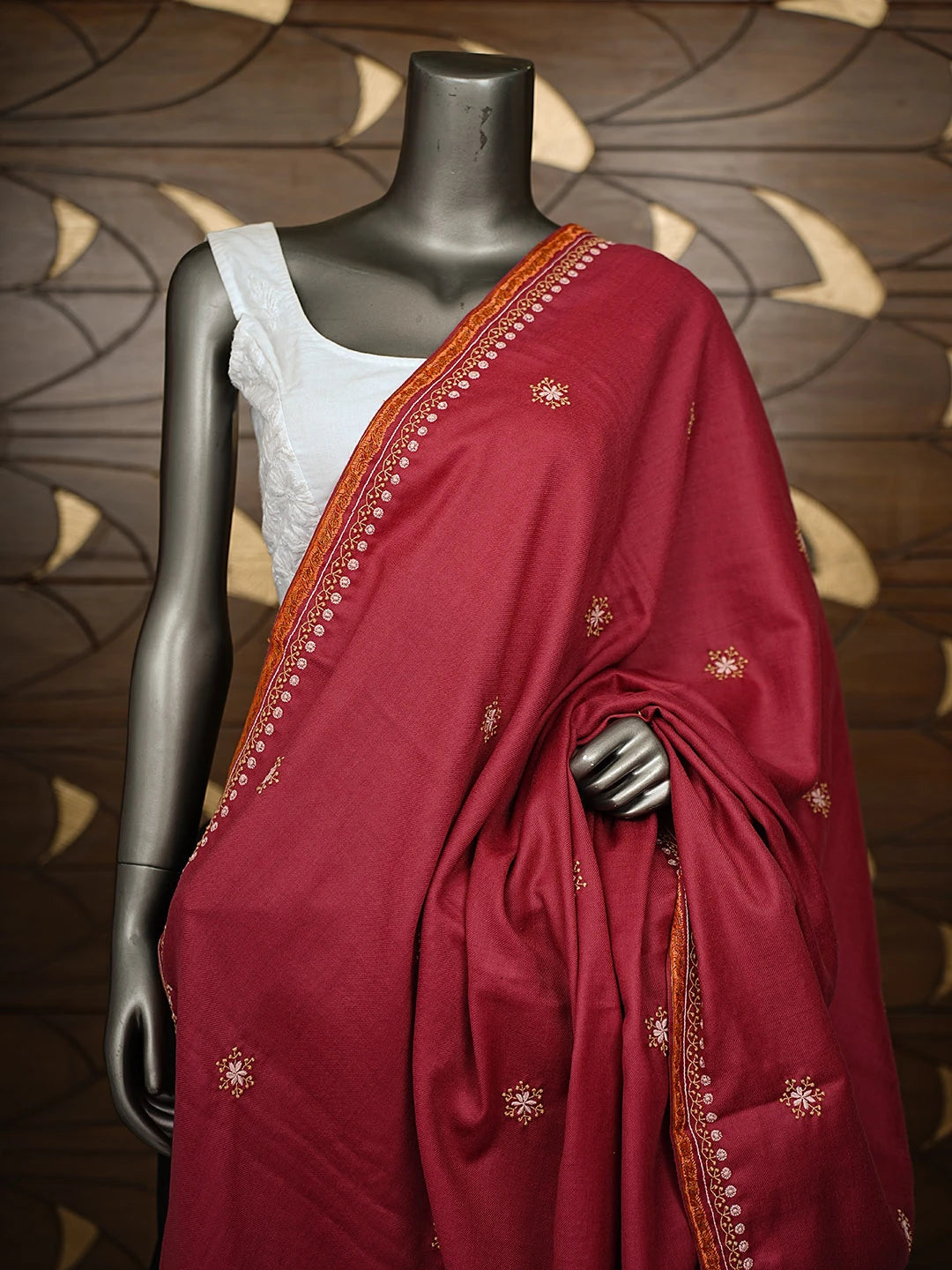 Ada Hand Embroidered Maroon Woolen Lucknowi Chikankari Teen Taar Shawl 233415